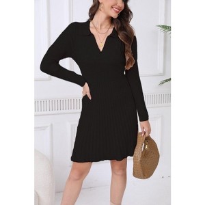 WhizMax Women's 2024 Long Sleeve Mini Sweater Dress V Neck Ribbed Knit A Line Pleated Swing Short Dresses - 1 of 4