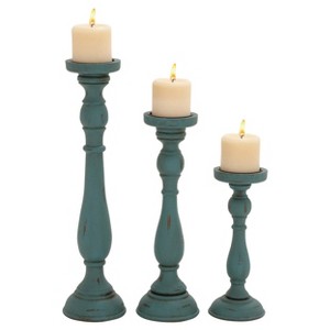 Olivia & May Traditional Wood Candle Holder Set 3ct - Pillar Stand, Felt Base, Indoor Use - 1 of 4