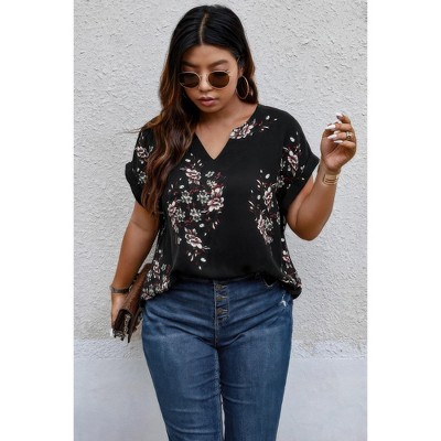 I AM A FASHION JUNKY Plus Size Floral Print V Neck Loose Blouse