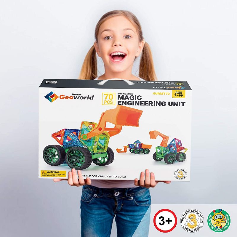 Hurtle Kids Childrens Deluxe 70 Piece Educational STEM Engineering Magnetic Building Block Set with 2 Big Wheels, Car Body, and Bulldozer Arm, Multi, 2 of 6