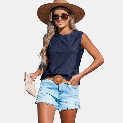 Women's Round Neck Eyelet Jersey Tank Top - Cupshe