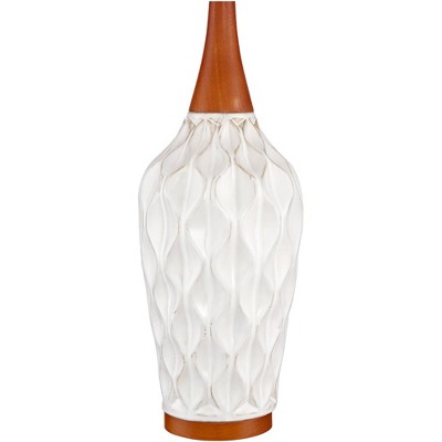 Mid-Century White Ceramic & Wood Table Lamp with Tan Drum Shade