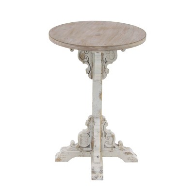 White and Beige Carved Wood Round Accent Table