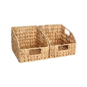 Itopfox Handwoven Wicker Storage Baskets with Built-in Handles, Water Hyacinth Pantry Organizer for Kitchen, Living Room, Bath, 2 Pack - 1 of 4