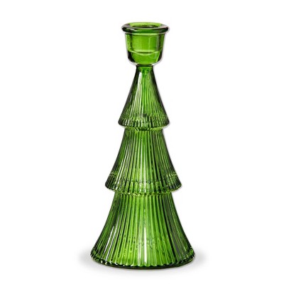 tag Glass Ribbed Tree Taper Holder Lg Green