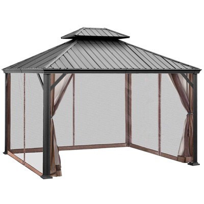 Tangkula 12ft x 10ft Patio Hardtop Gazebo Double Vented Roof Outdoor Galvanized Steel Sun Shelter Brown/Gray