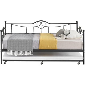 Twin Daybed with Trundle, Heavy-Duty Metal Frame, 6-Wheel Pull-Out, Sweetheart Design, Metal Slats, Guest Sofa Bed for Bedroom/Living Room, White - 1 of 4