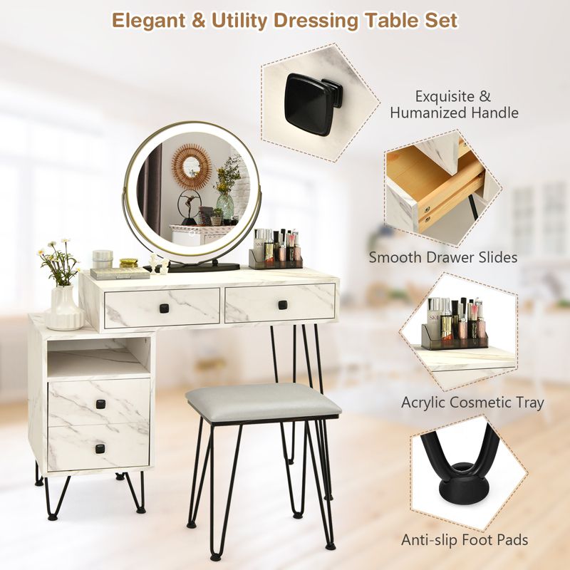 Tangkula Bedroom Makeup Vanity Dressing Table Stool Set with 3 Colors Lighted Mirror Large Storage Cabinet Drawer, 4 of 8