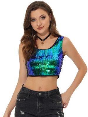 INSPIRE CHIC Women's Metallic Sequin Sparkle Sleeveless Party Crop Tank Top