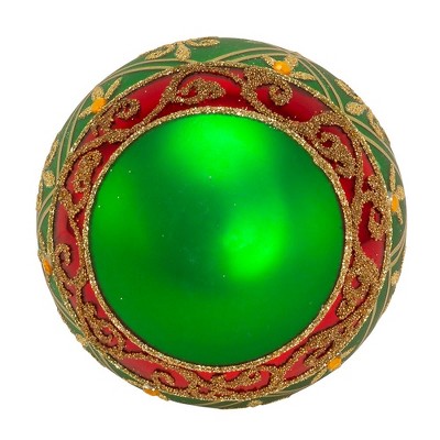 Green and Gold Glass Ball Ornaments with Fleur-de-Lis, Set of 6