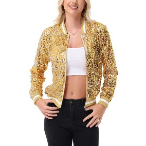 Anna-Kaci Women's Sequin Bomber Jacket with Ribbed Trim and Front Zipper Closure - 1 of 4