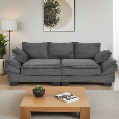 85.4" Modern Curved Corduroy Fabric Sofa, Back Upholstered Couch with 2 Decorative Throw Pillows - Leovsnove