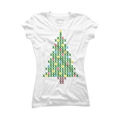 Junior's Design By Humans Christmas Tree Cross Stitch By BettySue T-Shirt