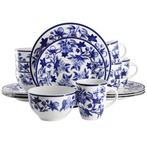 Elama Cattleya Orchid 16 Piece Round Porcelain Dinnerware Set in Blue and White - 1 of 4