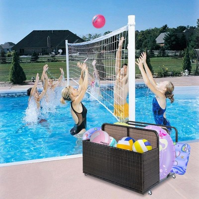 Double Layer Poolside Float Storage - PE Rattan Outdoor Caddy with Rolling Wheels - Sturdy Dark Brown Patio Deck Box for Pool and Beach