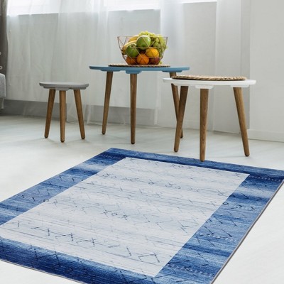 Machine Washable Bordered Rug Indoor Modern Geometric Area Rugs Low Pile Rug Abstract Carpet, 2' x 5' Blue