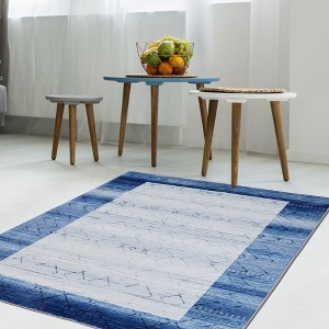 Machine Washable Bordered Rug Indoor Modern Geometric Area Rugs Low Pile Rug Abstract Carpet, 2' x 5' Blue - 1 of 4