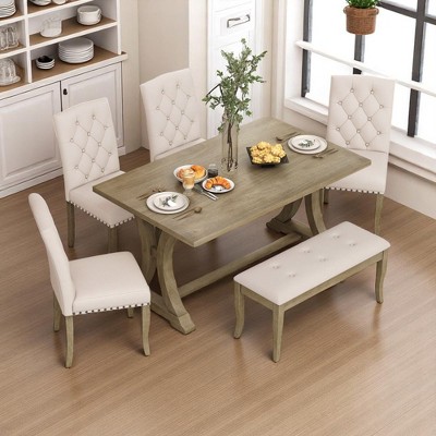 6-Piece Farmhouse Dining Table Set with Rectangular Trestle Table, 4 Upholstered Chairs & Bench, Rustic Modern Design for Dining Room or Kitchen