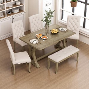 6-Piece Farmhouse Dining Table Set with Rectangular Trestle Table, 4 Upholstered Chairs & Bench, Rustic Modern Design for Dining Room or Kitchen - 1 of 4