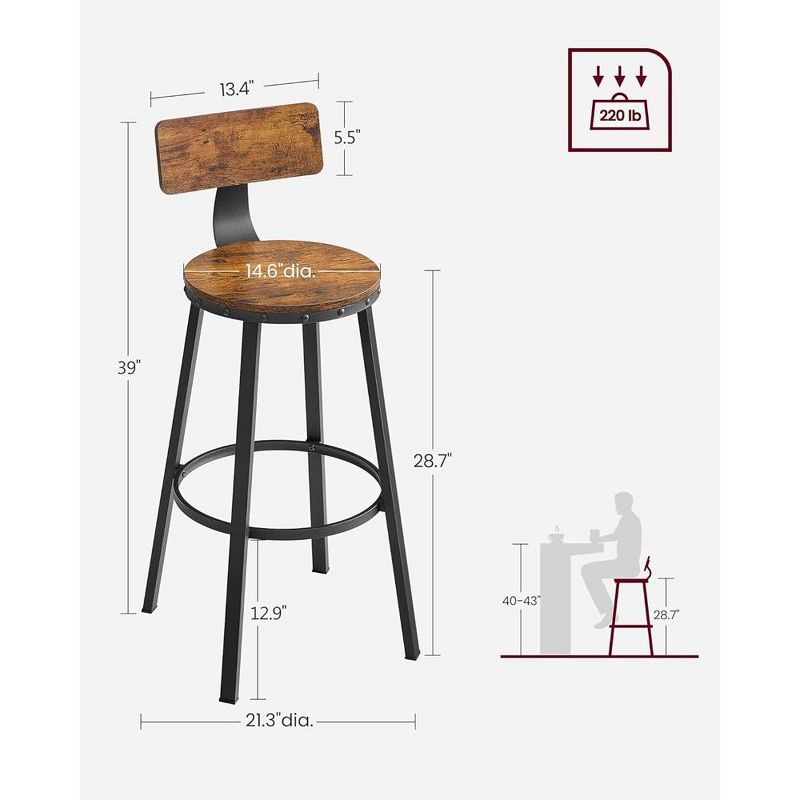 VASAGLE Bar Stools Set of 2, 28.7 Inches Barstools with Back, Counter Stools Bar Chairs with Backrest, Steel Frame, Easy Assembly, Industrial, 3 of 5
