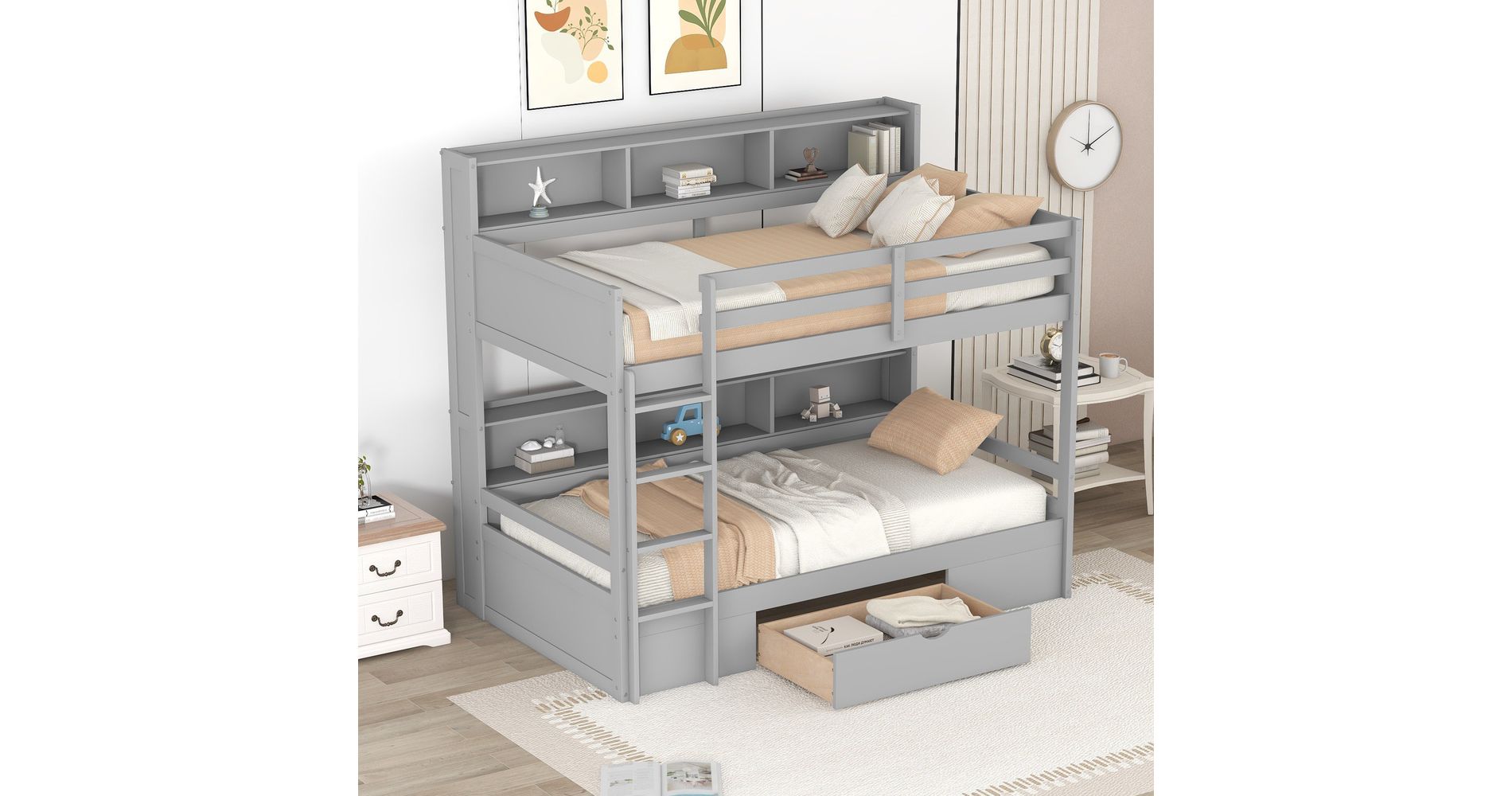 Whisen Twin Size Bunk Bed with Built-in Shelves Beside both Upper and Down Bed and Storage Drawer - Grey