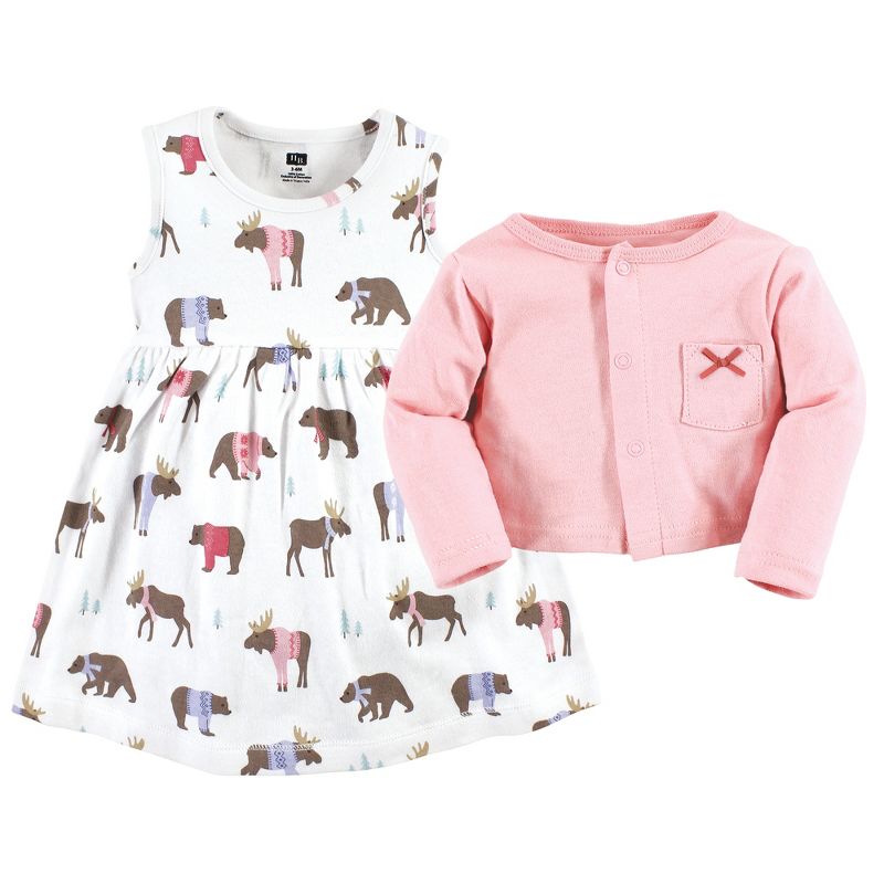 Hudson Baby Baby Girls Cotton Dress and Cardigan Set, Pink Moose Bear, 3 of 6