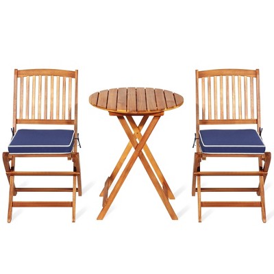 Tangkula 3PCS Folding Patio Conversation Set Acacia Wood Bistro Set w/ Cushions