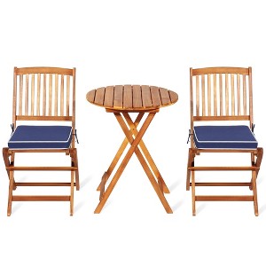 Tangkula 3PCS Folding Patio Conversation Set Acacia Wood Bistro Set w/ Cushions - 1 of 4