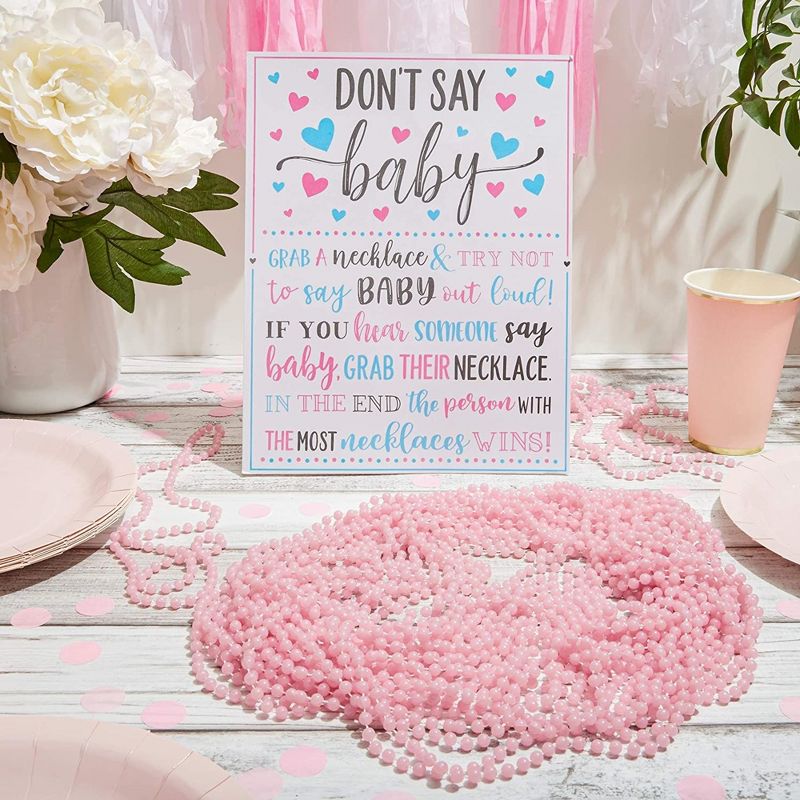 Sparkle and Bash Don't Say Baby Easel Sign, Baby Shower Games for Gender Reveal Favors, Decorations, 1 Sign and 36 Pink Beaded Necklaces, 2 of 9