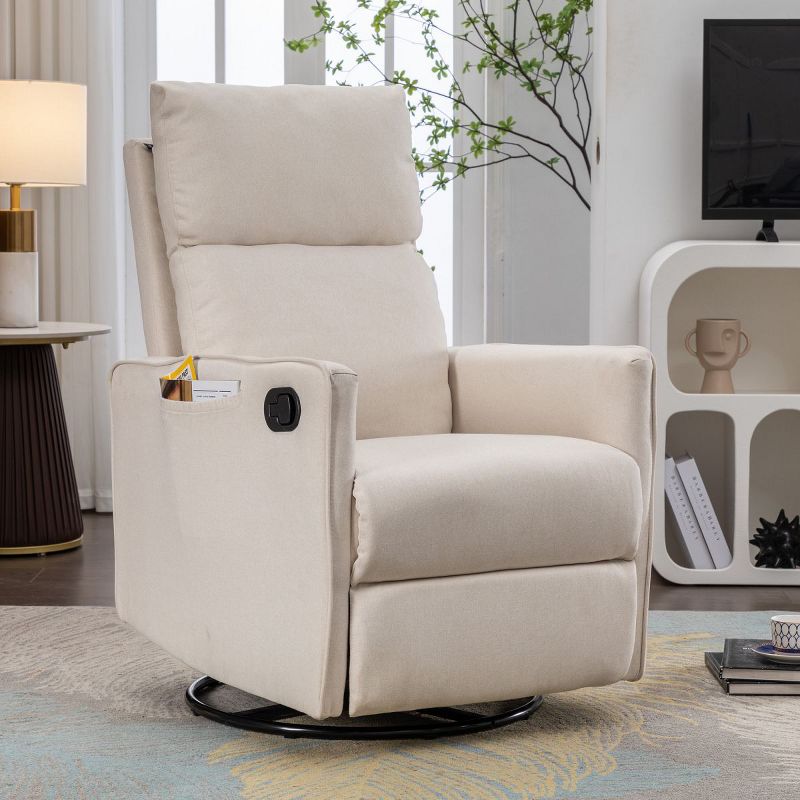 Linen Fabric Swivel Sofa,360 Degree Upholstered Swivel Arm Chair with Pocket,Recliner Nursery Chair With Adjustable Back And Footrest-Maison Boucle, 2 of 11