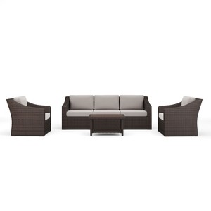 Martha Stewart Bedford 4-Piece Indoor-Outdoor Conversation Set with Patio Sofa, 2 Chairs, and Coffee Table in Rattan Wicker with All-Weather Cushions - 1 of 4