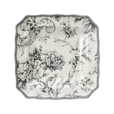 Gray and White Floral Square Porcelain Dinnerware Set, Service for 4