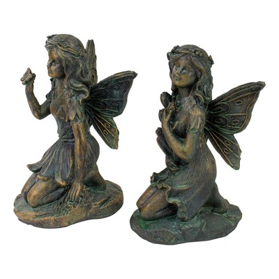 Bronze Kneeling Fairies with Flowers and Butterfly Garden Statues, Set of 2