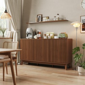 58" Fluted Sideboard Buffet Cabinet with 3 Doors & Adjustable Shelves – Farmhouse Curved Wood Console Table, Coffee Bar Storage Cabinet Cupboard - 1 of 4