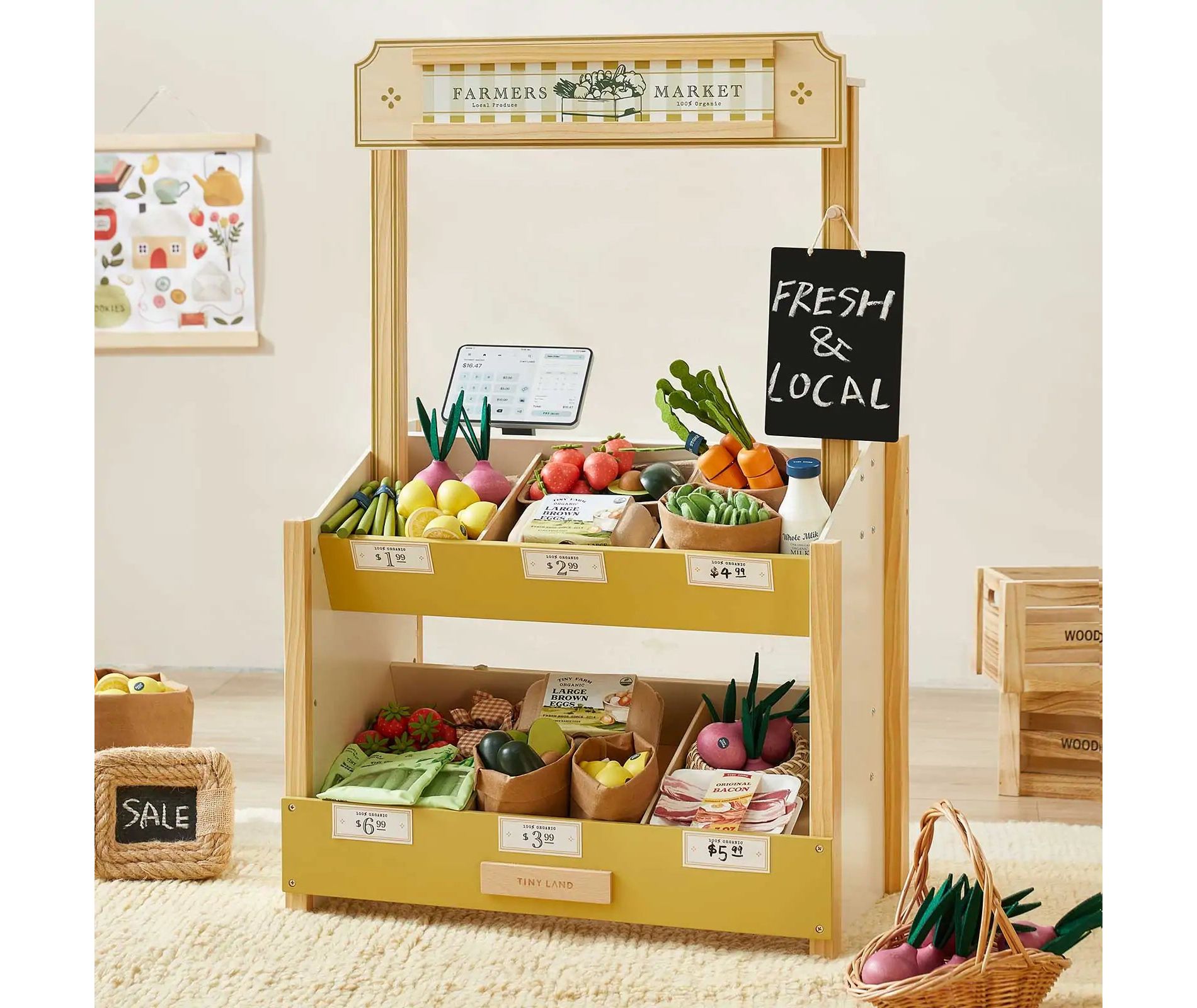 Tiny Land® Kid's Pretend Grocery Store Role Play Toy with Cash Register DIY Price Tags and Chalkboard