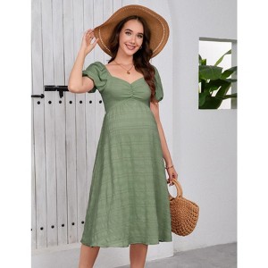 Women's Maternity Dress Short Sleeve Square Neck A Line Dress Tie Backless Ruffle Trim Solid Flared Dresses - 1 of 4