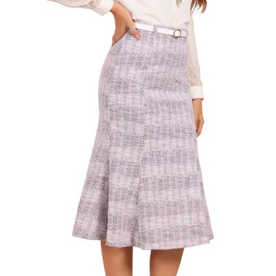 Allegra K Women's Tweed High Waist Midi Plaid Belted Fishtail Bodycon Skirts