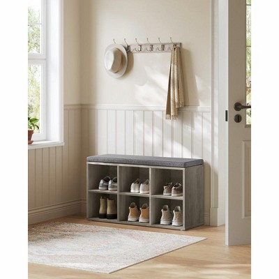 Greige and Gray Upholstered Shoe Storage Bench with Adjustable Shelves