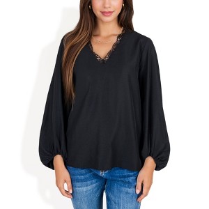 Anna-Kaci Women's V-Neck Blouse with Lace Trim and Balloon Sleeves for Casual Looks - 1 of 4