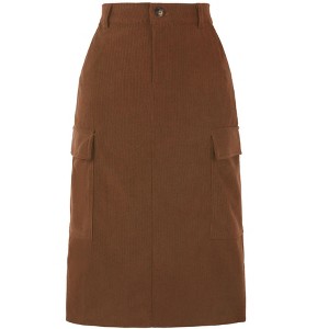 Allegra K Women's High Waisted Elastic Back Corduroy Midi Cargo Skirts with Pockets - 1 of 4