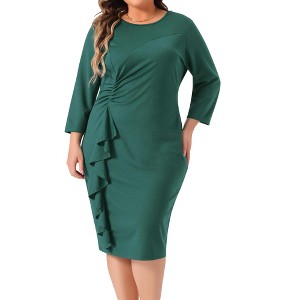 Agnes Orinda Women's Plus Size Work 3/4 Sleeve Vintage Ruffle Pencil Bodycon Cocktail Midi Dress - 1 of 4