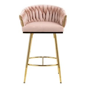26'' Counter height bar stools Set of 2 kitchen island counter bar stool with hand- wave back,golden chromed base and footrest(PINK) - 1 of 4