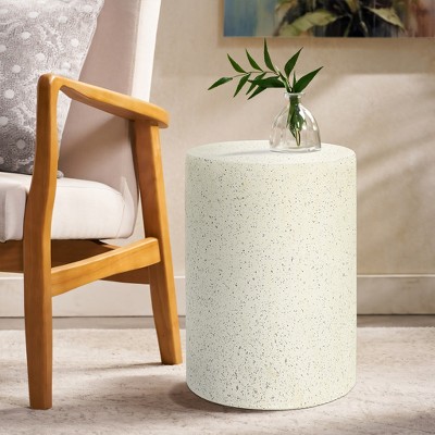 Off-White and Gray Speckled Cement Round Patio Side Table