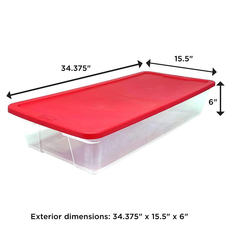 Homz 3421CLRDDC.02 Large 41 Quart Clear Plastic Under Bed Stackable Holiday Storage Container with Red Snap Lock Lid, 2 Pack, 6 of 8