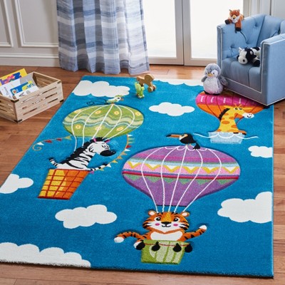 Blue and Green Square Kids' Hot Air Balloon Rug