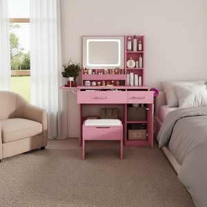 FONTOI 23.6"W/42"W Makeup Vanity Table Desk with Mirror Drawers Storage Cabinets and Stool for Bedroom Dressing Room, White/Pink - 1 of 4