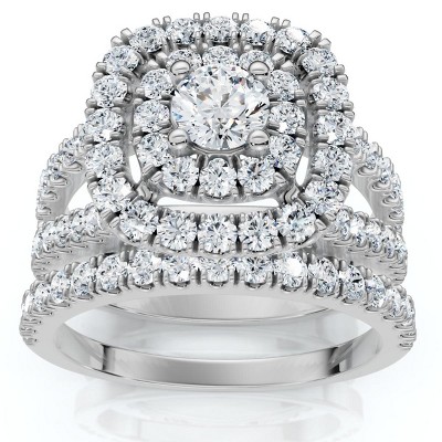 Pompeii3 1 1/10 Ct Lab Created Diamond Cushion Halo Engagement Wedding Ring Set White Gold