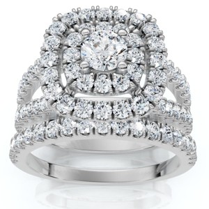 Pompeii3 1 1/10 Ct Lab Created Diamond Cushion Halo Engagement Wedding Ring Set White Gold - 1 of 4