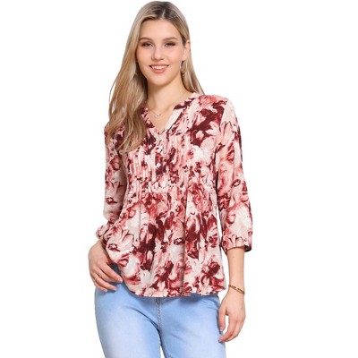 INSPIRE CHIC Women's V Neck Floral Prints Button Down 3/4 Puff Sleeve Casual Blouse
