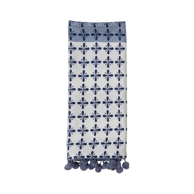 Blue Striped 27 x 18 Inch Woven Cotton Kitchen Tea Towel with Hand Sewn Pom Poms - Foreside Home & Garden